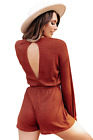 Women Red Ribbed Long Sleeve Romper
