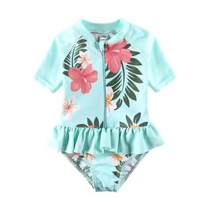 Baby Girl Swimwear Sunsuit One-Piece Swimsuit Bathing Suit Green Floral - Picture 1 of 6