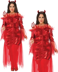 Red Devil Costume Ladies Halloween Fancy Dress Outfit Devils + Horns - Picture 1 of 4