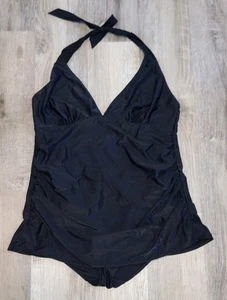 Tropical Escape Swimsuit 14 Black One Piece Halter With Skirt - Picture 1 of 7