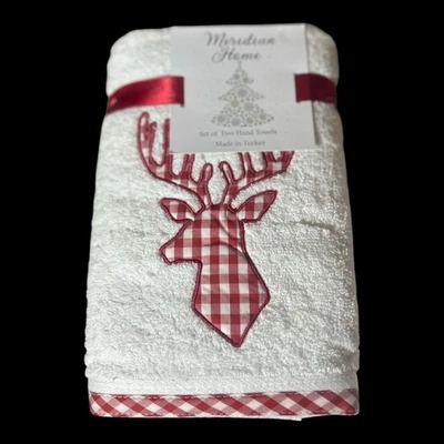 Toalla de mano Meridian Home Navidad reno bordada a cuadros rojos nueva Foto 1 de 2