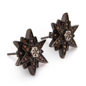 Meher's .32cttw Red & Champagne Diamond Star Design Stud Earrings Black Rhodium - Picture 1 of 4
