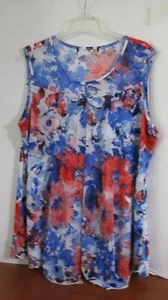 Blue FLORAL with Sheer Front Panel Overlay SLEEVELESS SHIRT TOP~2x/3x - Picture 1 of 3