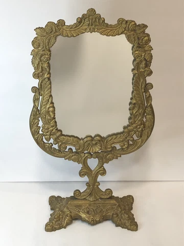 Antique Solid Brass Table Standing Tilting Vanity Mirror Excellent Condition Cover