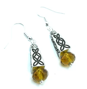 Brighton Amber Brown Crystal Silver Etched Swirl Pyramid Beads Custom Earrings - Picture 1 of 8