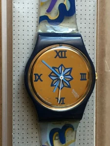 Uhr Original SWATCH Lady MARIANA (LN118)-NEU! Blumig/Gold/Blau-sehr schön! 14/19 - Bild 1 von 3
