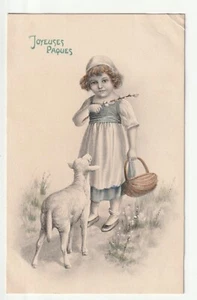 Carte FANTAISIE - Old Postcard - Fillette Panier mouton Joyeuses Paques Vienne - Imagen 1 de 1