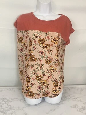 Xhilaration Short Sleeve Pocket Blouse Womens S Orange Floral Cuffed Sleeve B1 - Image 1 of 4