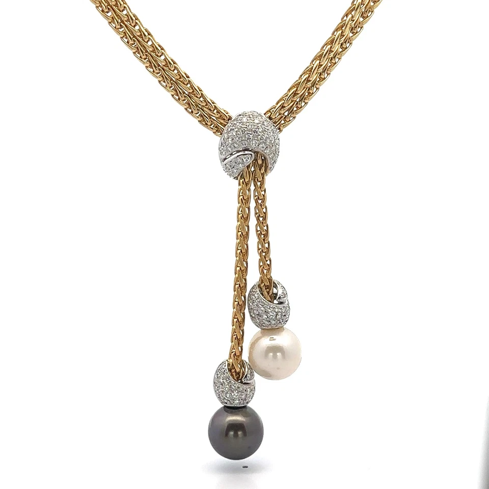Craig Drake 18k Gold Pearl & Diamond Dual Wheat Link Lariat DropNecklace - Image 1 of 4