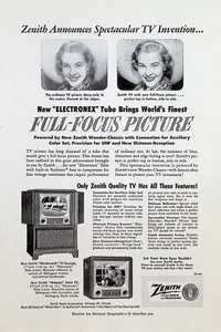 VINTAGE 1950s Print Ad ~ Zenith ELECTRONEX Tube TV ~ Full-Focus Picture - Picture 1 of 1