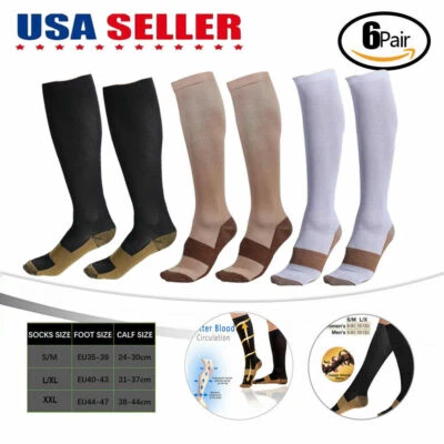 (6 Pairs) Copper Infused Compression Socks 20-30mmHg Graduated Mens Womens S-XXL - Image 1 of 4