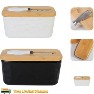 Porcelain Butter Dish with Knife and Bamboo Lid Airtight Large Butter Container - Picture 1 of 13