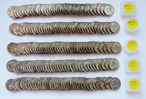 5 ORIG ROLLS - 40 COINS EACH ~ 1959-D - 1966 JEFFERSON NICKELS ~ UNCIRCULATED Cover