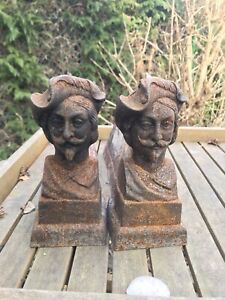 Antique French Andirons Fire Dogs fireplace Cast Iron Three Musketeers Man Bust