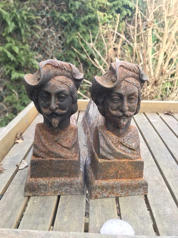 Antique French Andirons Fire Dogs fireplace Cast Iron Three Musketeers Man Bust Cover