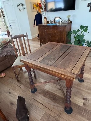 Antique Expanding Pub Kitchen Table Barley Twist Legs Quarter sawed Tiger Oak  - Image 1 of 4