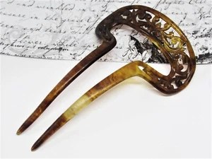 Antique Edwardian Brown Faux Tortoiseshell Celluloid Hair Comb- Hand Carved Vine - Picture 1 of 7