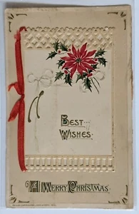 RARE Winsch Christmas Victorian Fold-out Paper Postcard Red Satin Ribbon 1914 - Picture 1 of 4