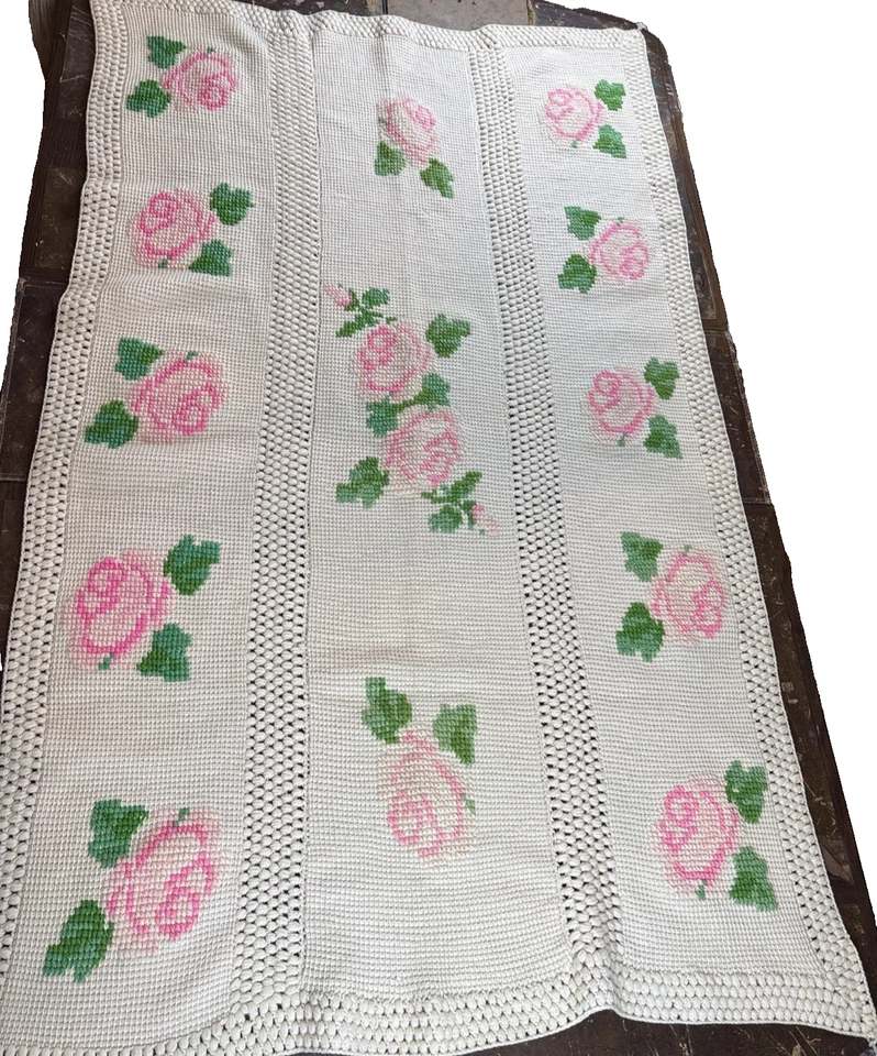 Manta afgana de lana rosa punta de aguja de ganchillo de colección 67x37 rosa marfil casa de campo Foto 1 de 4