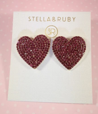 Pendientes Corazón Cristal Rosa Stella & Rubí Tono Dorado Grande 1" Perforados NUEVO en Tarjeta Foto 1 de 4
