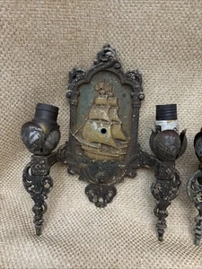 Antique Pair Lincoln Mfg. Co Wall Sconce Ship Galleon Spanish Revival orig paint - Picture 1 of 19