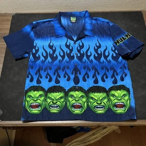 Vintage Marvel Incredible Hulk Shirt Mens XL Blue Flame Hawaiian Button Up 00s - Picture 1 of 9