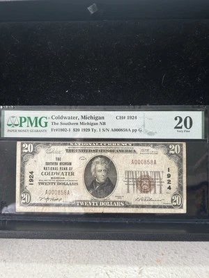 SASA 1929 Souther Michigan National Bank Coldwater Michigan $20 Pmg Vf20 - Image 1 of 2