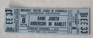 Dame Judith Anderson In Hamlet Dec 1970 Broadway Theatre Evansville Ticket Stub - Picture 1 of 1