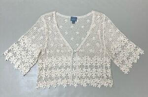 Rabbit Design Women’s Crochet Top  Open Front Cardigan Off-White ￼Size S Boho