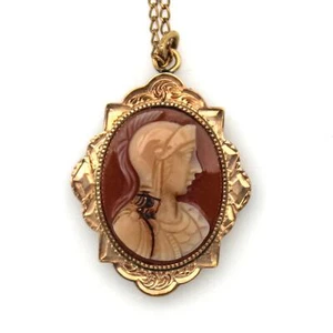 Antique 10K Yellow Gold Carnelian Cameo Pendant Necklace - Picture 1 of 6