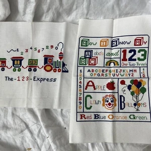 Primary Color ABC’s Sampler completed counted cross stitch panel And Train - Picture 1 of 5