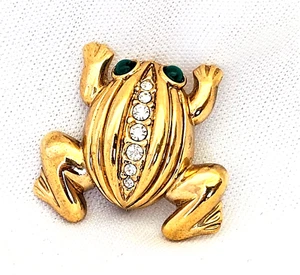 Krementz Big Eyed Frog Brooch Pin Green Rhinestone Gold Tone Vintage Jewelry - Picture 1 of 7