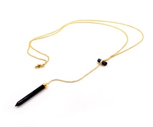 Black Onyx Lariat Necklace Pencil Bar Gold Plated Necklace 925 Sterling Silver - Picture 1 of 6