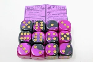 Chessex Black- Purple/Gold 12 Gemini 16mm Pipped D6 Dice CHX 26640 - Picture 1 of 1
