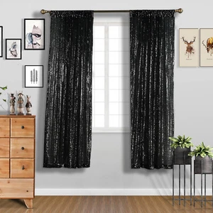 2 pcs Black 52" x 84" Sequined Window CURTAINS Drapes Panels Backdrop Home SALE - Picture 1 of 5