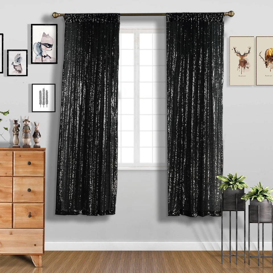 2 piezas Cortinas Ventana Lentejuelas Negras 52" x 84" Cortinas Paneles Telón de Fondo Hogar VENTA Foto 1 de 4