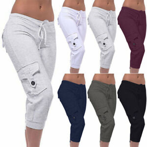Women's Drawstring Capri Sweatpants Sport Cargo Cropped Pants Joggers Trousers ♬
