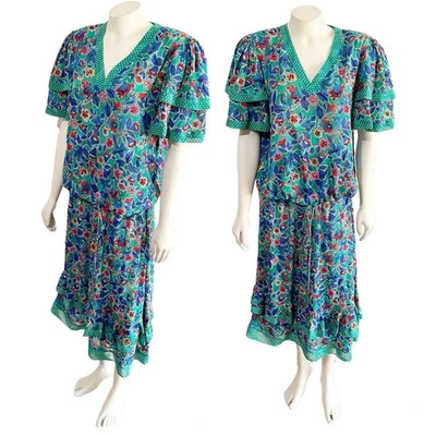 Conjunto de saia Diane Freis duas peças lantejoulas floral fluido verde década de 1980 - Imagem 1 de 4