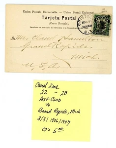 Canal Zone Cover Scott # 22 - Panama to Grand Rapids - 3/3/1907 (28-C257) - Picture 1 of 3
