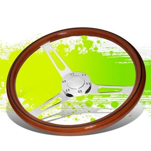 15" CLASSIC WOODEN WOOD GRAIN 2"DEEP DISH STAINLESS STEEL 3-SPOKE STEERING WHEEL - Picture 1 of 6