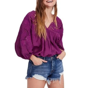 FREE PEOPLE Cutwork Dolman Blouse NWT Purple Lace Crochet XS X-Small NEW - Picture 1 of 8