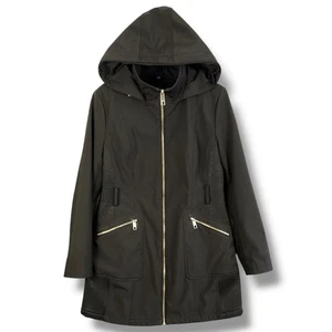 Guess Hooded Jacket Womens Large Black Gold Zip Pockets Stretch Parka Coat - Picture 1 of 13
