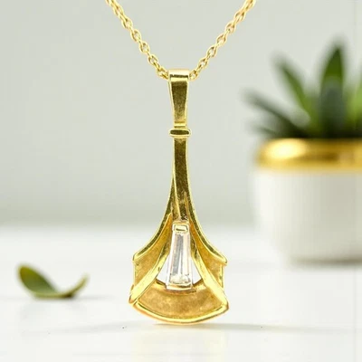 Collar Colgante Abanico Diamante Natural Baguette Oro Amarillo 14k Art Deco Foto 1 de 4