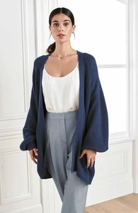 Quince Blazer Knit Sweater Womens Large Organic Cotton Open Front Navy - Picture 1 of 9