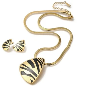 1set collana e orecchini in acciaio inox forma triangolo con strisce zebra oro - Foto 1 di 3