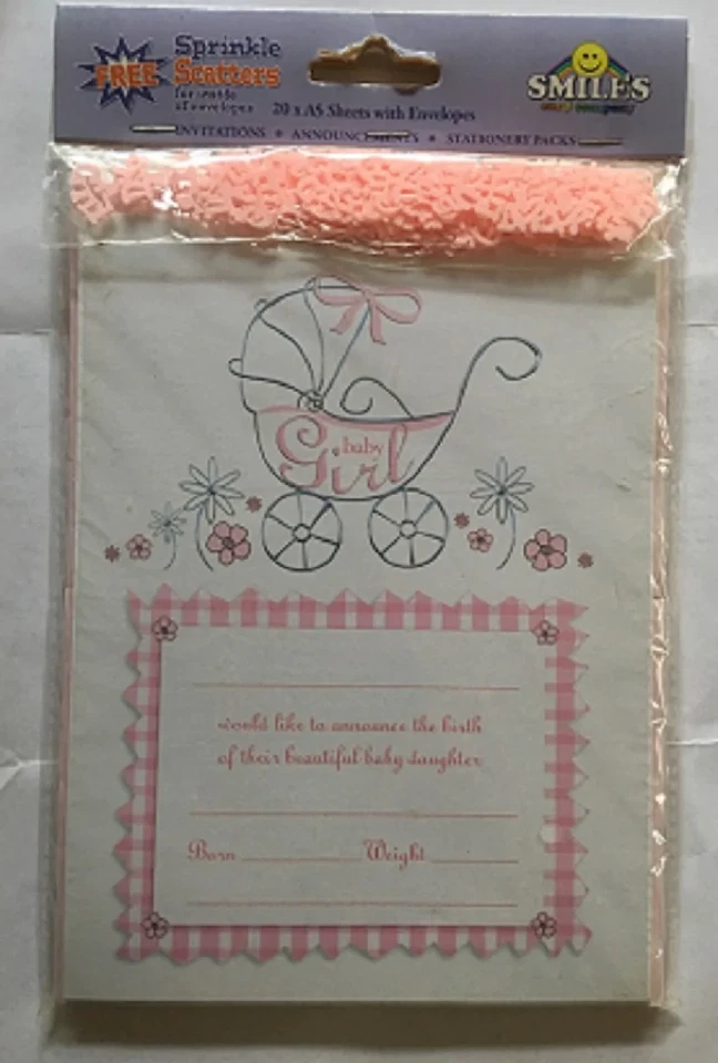 It's a Girl 20 Sheet Announcement, Envelopes, Scatters Pack - Image 1 of 1