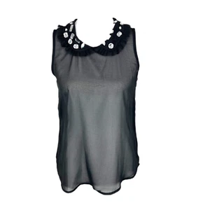 XOXO Tank Top Women Small Black Beaded Peter Pan Collar Sleeveless Sheer Blouse - Picture 1 of 14