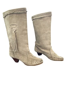 Vintage Suede Moccassin Boots Fringe Tassel Festival Hippie Boho 70s Cream sz 6 - Picture 1 of 7