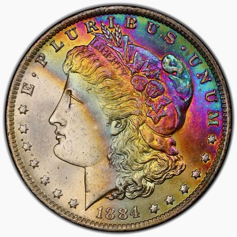 1884-O Morgan Dollar PCGS MS65 Bright Vibrant Color Rainbow Toned W/Vid Cover