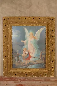 Antique Chromolithograph Print Angels Children Gesso Frame - Bild 1 von 9